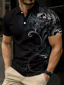 Men's summer fashion business style polo shirt, retro Baroque pattern dark style polo shirt, casual and free, suitable for fitness and avant-garde style, ideal for business, golf, spring and summer outdoor sports wear