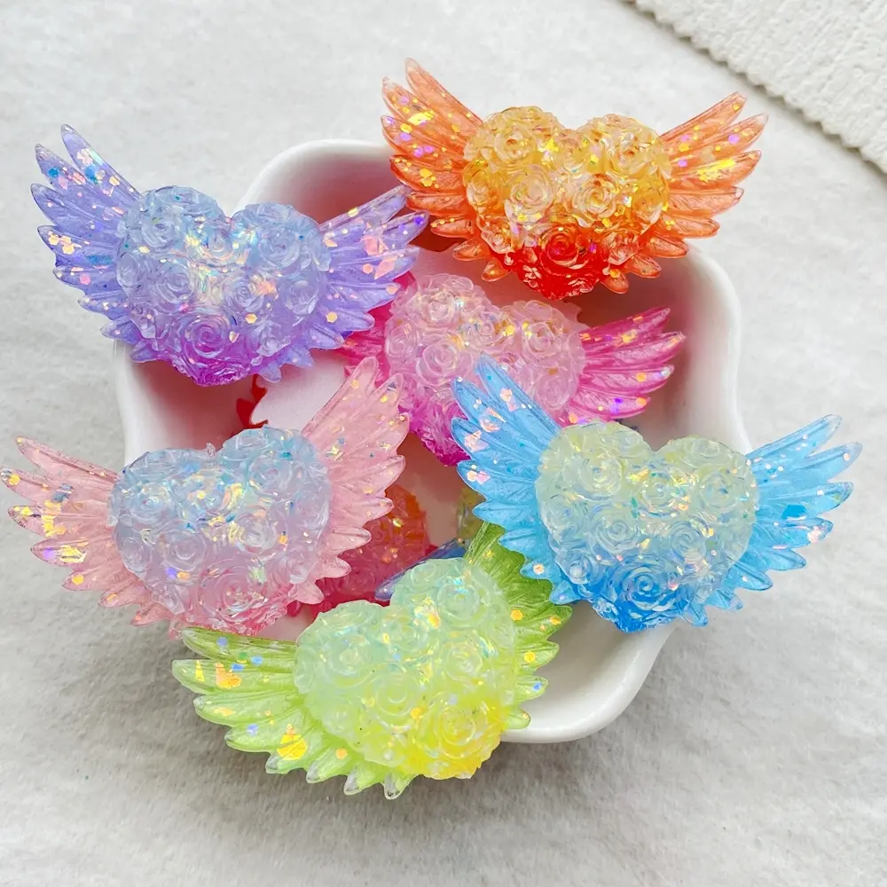6pcs Resin Sparkling Rose Heart-Shaped Wing Decorative Statue, Resin Ornament Set, Decoration Items, Collectible Figurines, Home Decor Ornaments for DIY Scrapbooks, Crafts, Holiday Decorations