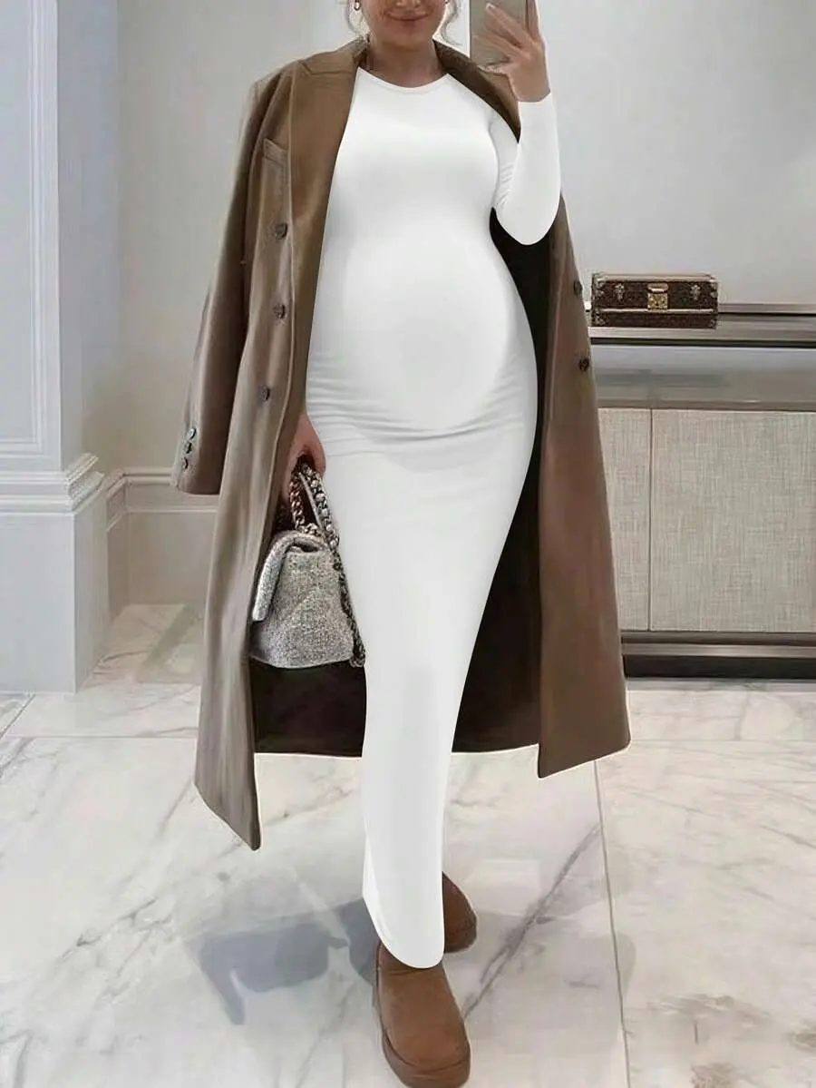 Maternity Solid Color Round Neck Long Sleeve Fitted Elegant Casual Dress -  TikTok Shop