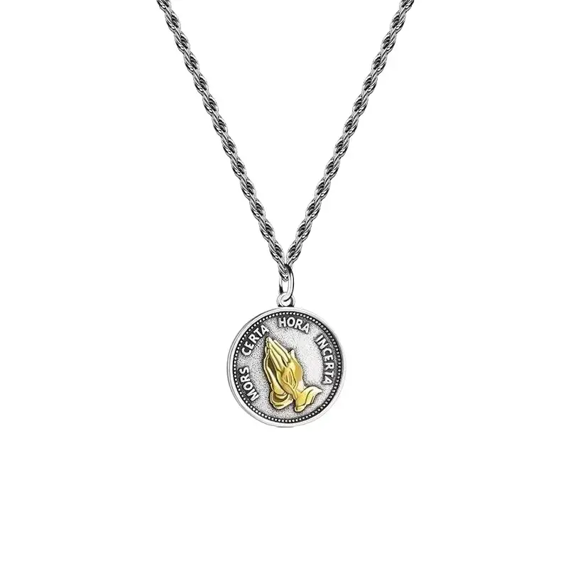 Unisex Vintage Distressed "Prayer Hands" 2-Tone Medallion Round Pendant Cable Chain Necklace, 60cm, Retro Street Style, Daily Wear Costume Jewelry, Two-Tone Medallion