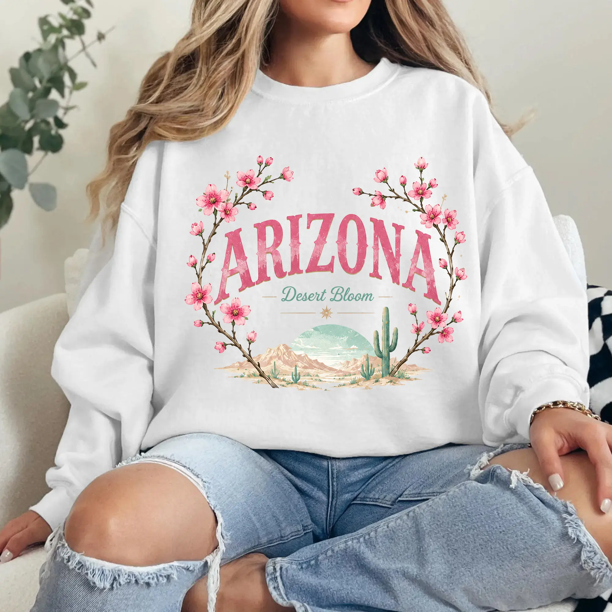 Vintage Arizona Green Tea Cherry Blossom Sweatshirt, Desert Bloom Cactus Graphic Crewneck, Southwest Travel Pullover, Gift for Women and Men, Casual Streetwear Top