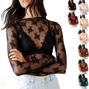Buenoble Womens Mesh Long Sleeve Tops Crew Neck Sexy See Through Lace Sheer Floral Blouse for Party Club Night Out