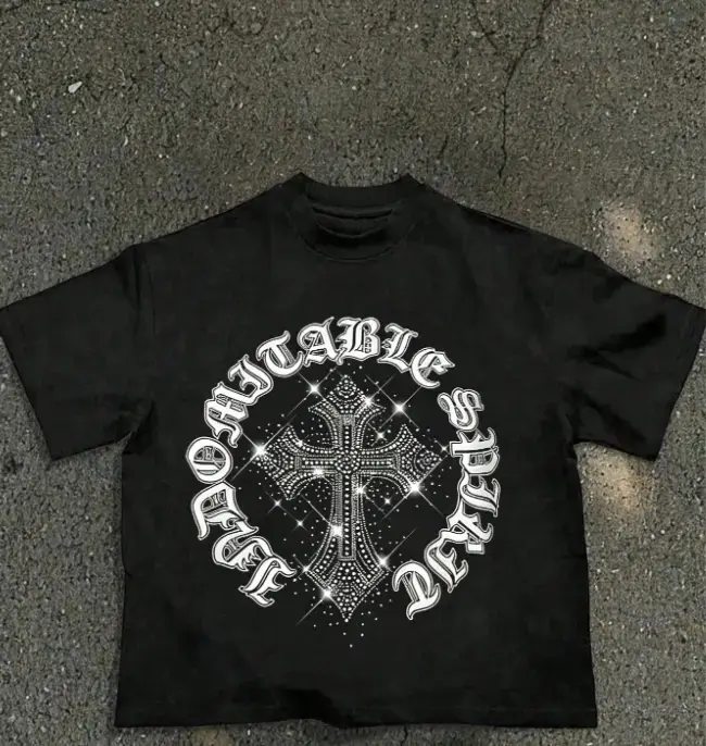 Women's Black 100% Cotton Short-Sleeve Graphic Tee - Bold Dark Underground Vibe, Rhinestone Cross, Gothic Circular Letter Adhesive Print, Edgy Street Style, Casual, Stylish Unisex Self-Attitude Summer Top, Cotton Graphic Tees, Shortsleeve, Relaxed Fit