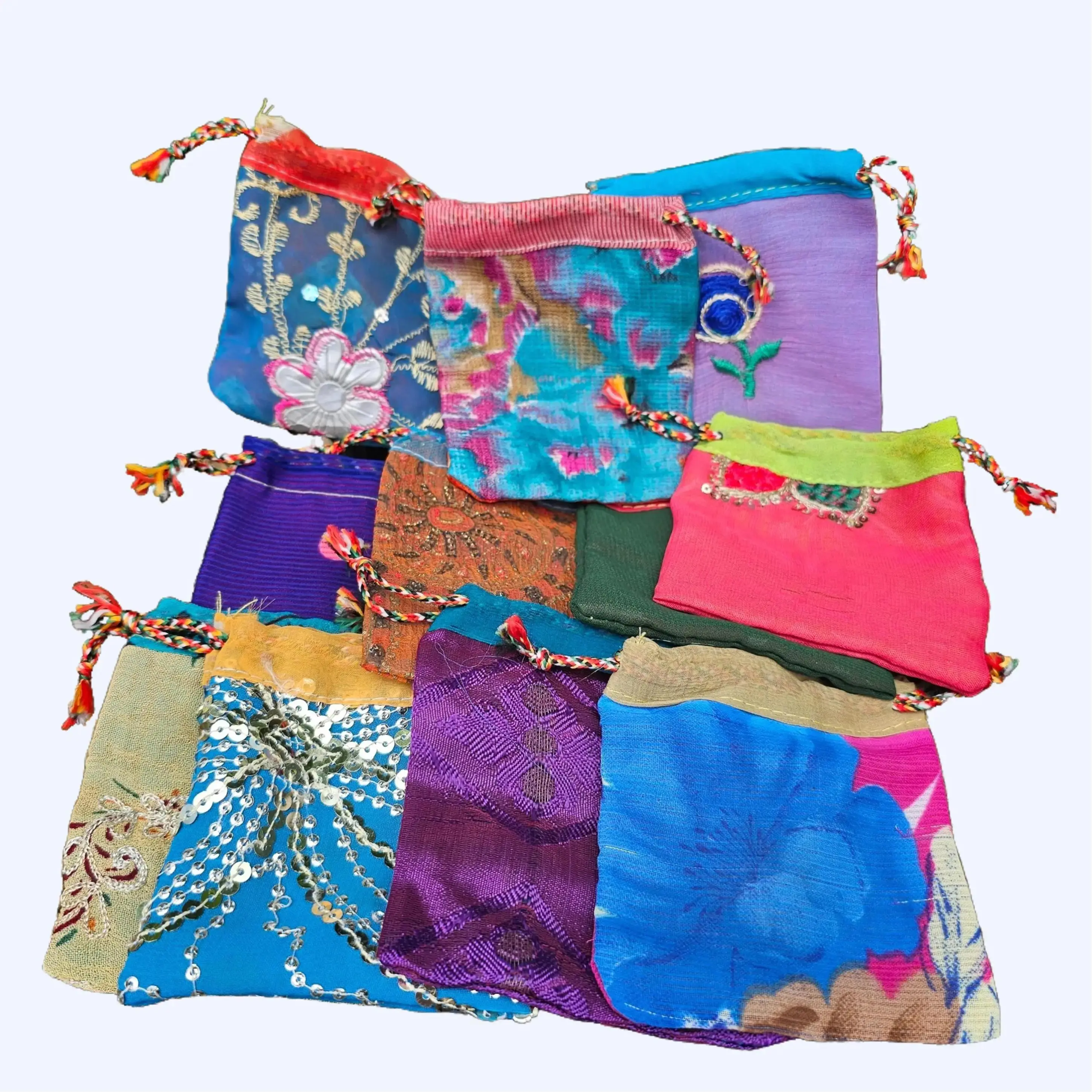 Tibetan Handmade Drawstring Crystal Pouch – 4"x3.25" Brocade Gift Bag for Gemstones, Jewelry, Herbs, or Medicine Bag (Random Color) Organiser Traditional