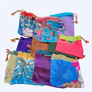 Tibetan Handmade Drawstring Crystal Pouch – 4"x3.25" Brocade Gift Bag for Gemstones, Jewelry, Herbs, or Medicine Bag (Random Color) Organiser Traditional