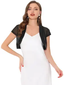 INSPIRE CHIC Satin Shrug Bolero Cap Sleeve Open Front Mesh Crop Cardigan