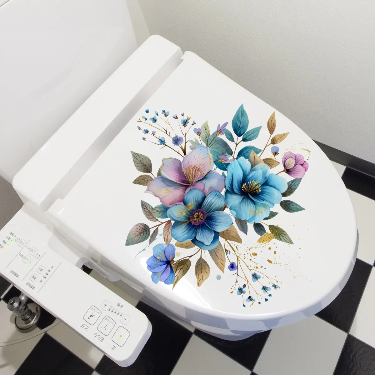 A (30*30cm) blue floral spring toilet sticker, bathroom decoration and beautification sticker, self-adhesive M10252, Bathroom Decor Supplies