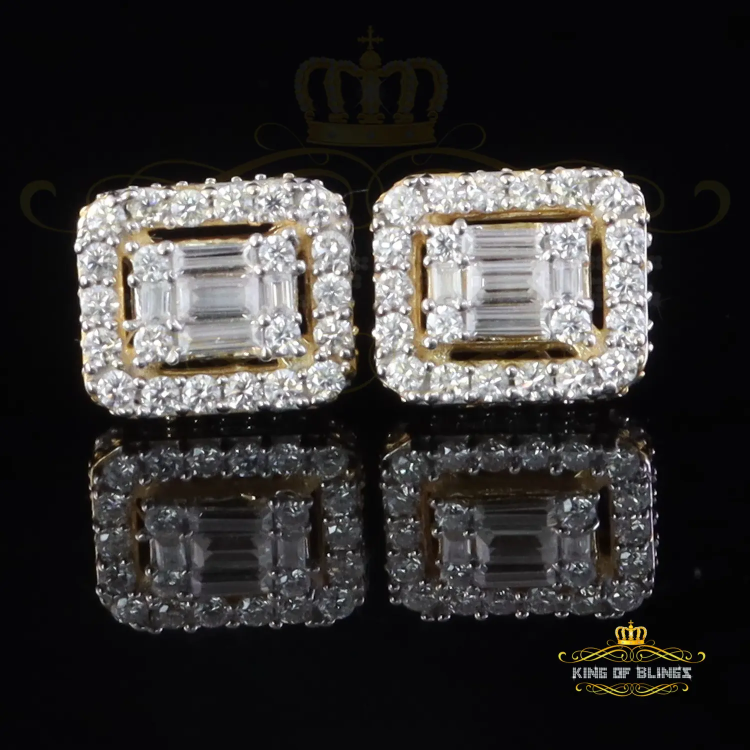 King of Bling's 10K Gold Plated Yellow Silver 1.25ct VVS 'D' Moissanite Square Stud Earring Men's/Women