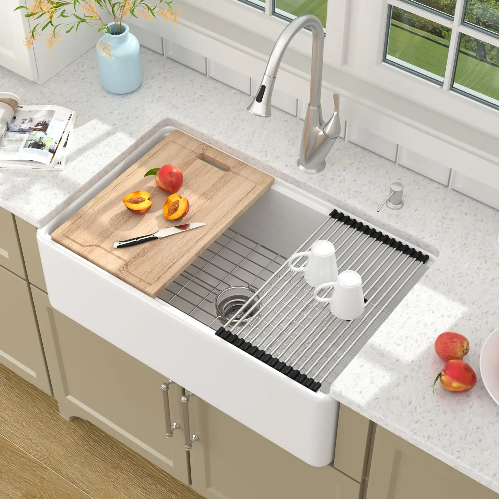 Lordear 33 Inch White Farmhouse Sink Workstation Apron Front Fireclay Porcelain Ceramic Single Bowl Flat Farm Sinks 33x20 Inch Farmer Sinks with Wood Cutting Board
