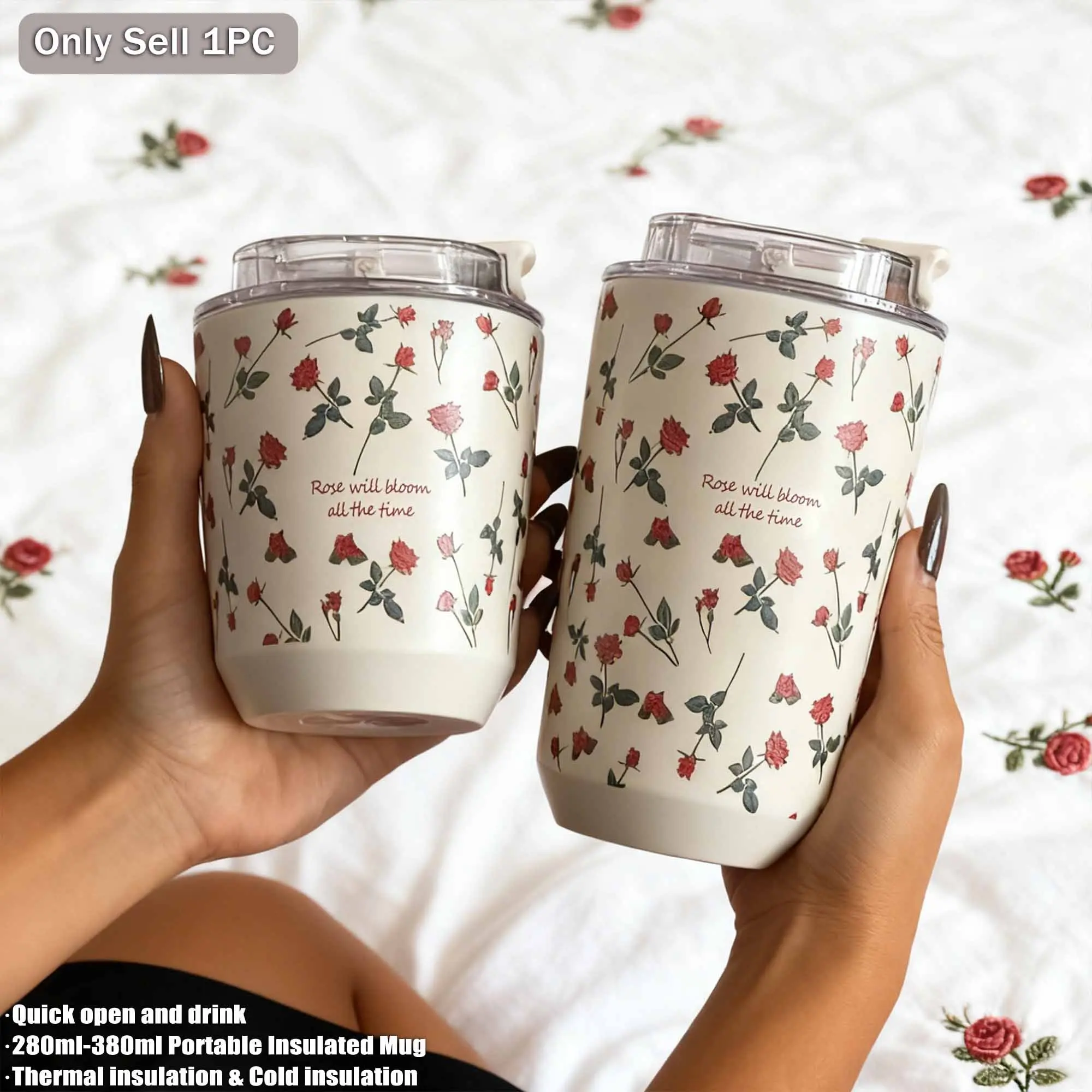 Rose Theme Dual-Layer Stainless Steel Insulated Thermal Bottle, 280ML-380ML, Portable, Reusable Water Bottle, Coffee Mug, Travel Cup, Gift Idea