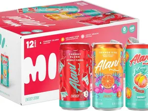 Alani Nu Mini VARIETY PACK (CHERRY SLUSH, JUICY PEACH, ORANGE KISS), Low Calorie Energy Drinks, 100mg Caffeine, Biotin, B Vitamins, Zero Sugar, 10 Calories or Less, 8 Fl Oz Cans, 12 Pack