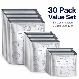 30-pack thick, reusable aluminum foil food storage bags, 3 sizes, double-zip sealed freezer storage bags with a writable label area, light-blocking, odor-proof, moisture-resistant standing storage bags suitable for meat, seafood, and meal prep.