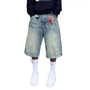 Men’s Summer American Vintage Washed Denim Shorts, Loose Wide Leg Straight Fit Casual Streetwear Cropped PantsFZ13974