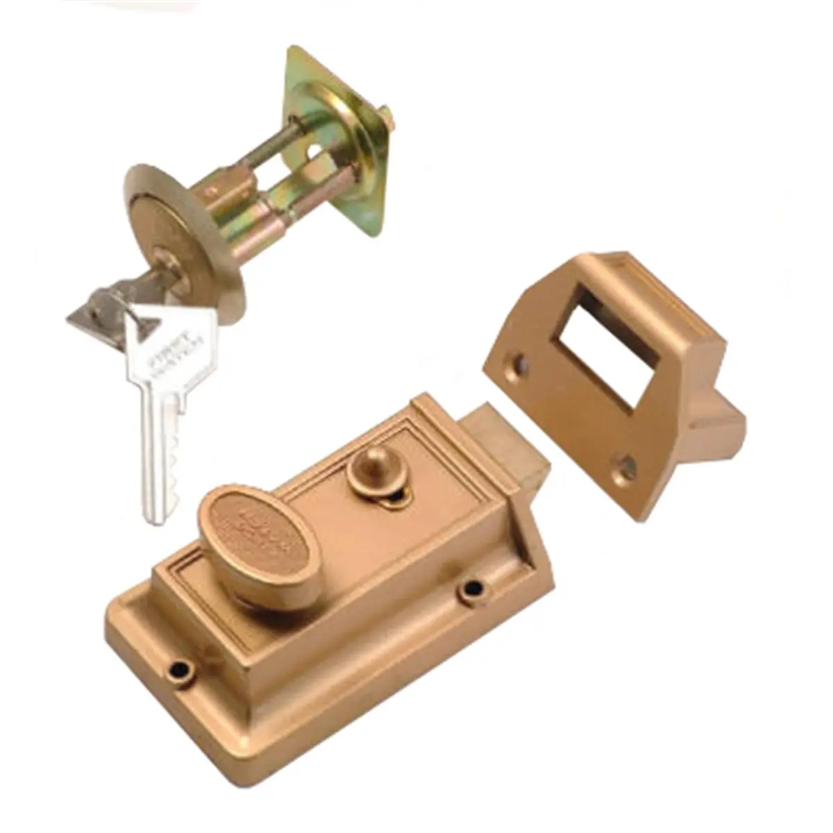 Belwith 1105-SN Satin Nickel Automatic Locking Night Latch Door Hardware - Hold Open Feature, 5-Pin Tumbler Locking Cylinder, Ilco Key, Latch + Key, 6.8 x 6.3 x 3 in, Door Lock