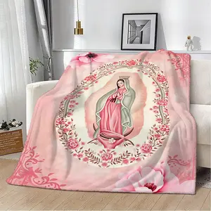 Guadalupe Virgin Mary Blanket, Soft Skin-Friendly, Multifunctional Nap Blanket, Rose Wreath, Mother Mary Print, Bedroom Decor, Cozy Throw Blanket, Floral Print Blanket