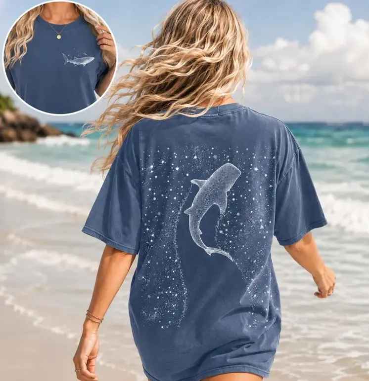 100% Cotton Double‑Sided Cosmic Whale Shark Beach Summer Tee, Comfort Colors Oversized Crew Neck T‑Shirt For Ocean Lover Beach Vacation Coastal Street Outfits