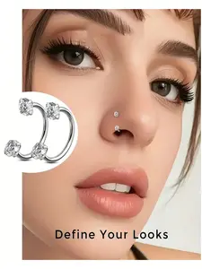 2 Piece Round Cz Hoop Nose Rings, Inner Threaded Horseshoe Spacers, Soft Cartilage Earrings, Spiral Piercing Jewelry, Stainless Steel, 16gauge, 8mm
