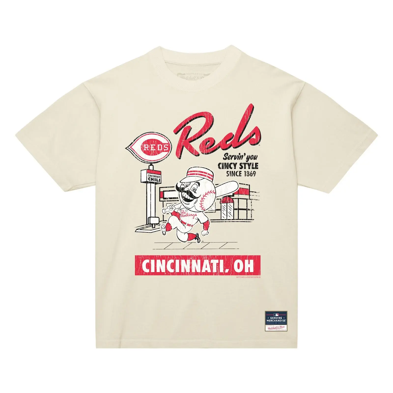 Cincinnati Reds Cream Deli Arch T-Shirt MLB Throwback Tee Graphic Vintage Fan Gear Mitchell & Ness
