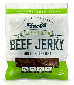Sharifa Halal Beef Jerky, Jalapeno, (1) 2.85 oz. Bag – Great Everyday Halal Jerky Beef Meat Snack, 100% Real Zabiha Halal Beef, 13g of Protein, 70 Calories, 0g Trans Fat, & 2g of Carbohydrates