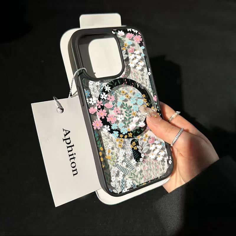 Chic Botanical Graphic Phone Case Hand-Drawn Style Pink, Blue & Yellow Wildflowers Paired With Lush Greenery Featuring Built-In Strong Magnet Ring Blending Smooth Macaron Texture With Secure Magsafe Compatibility For iPhone 17 16 15 14 13 12 11 X XS
