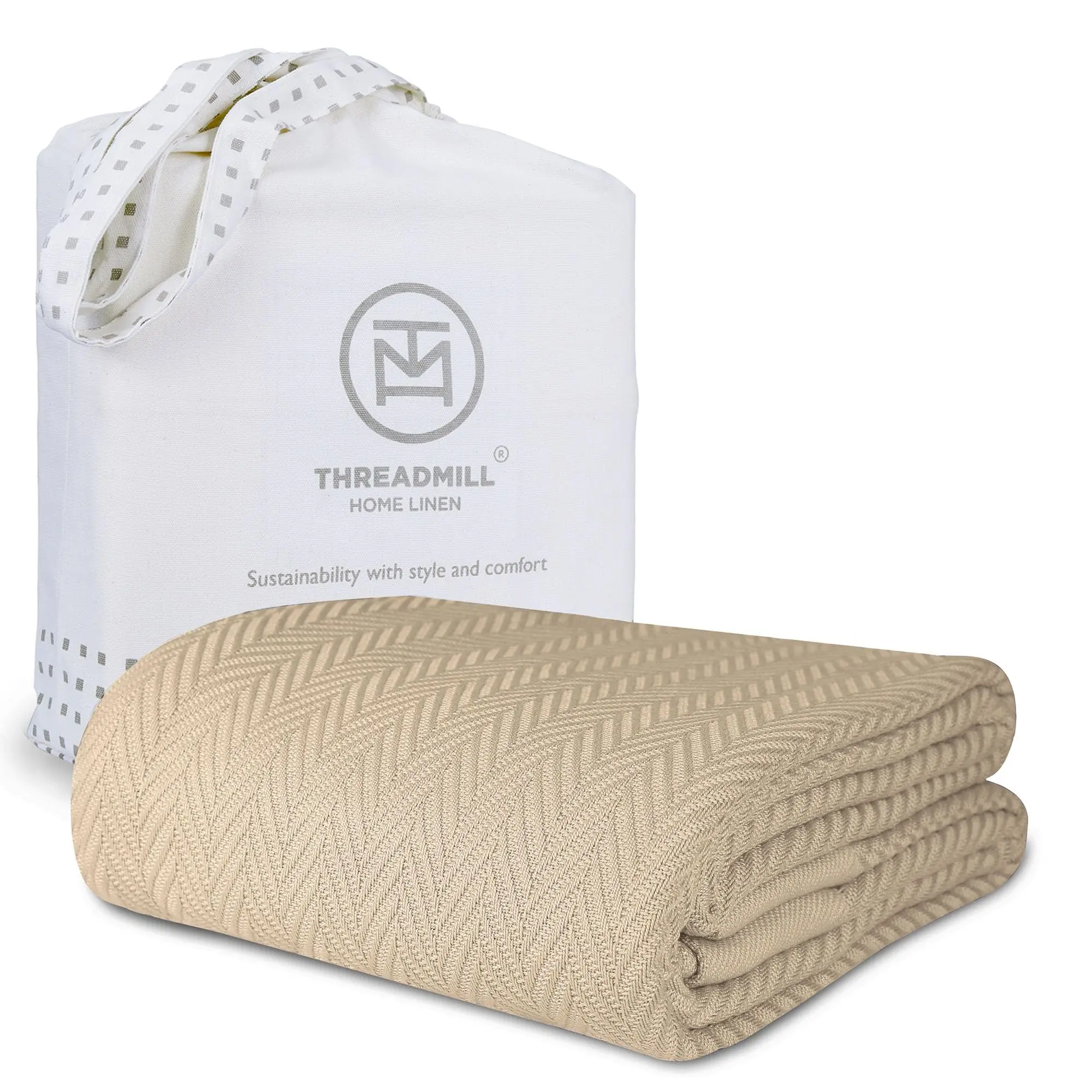 Threadmill Home Linen 100% Cotton Herringbone Blanket, Luxury All-Season Cozy Thermal Blanket for Fall Bedding