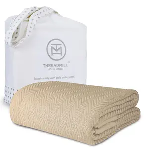 Threadmill Luxury Cotton Blankets| All-Season Cozy 100% Cotton King Size Blanket | Herringbone Soft Fall Thermal Blanket fits California King Size Bed, 106x92 | Beige