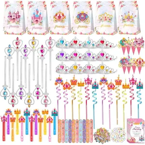308PCS Princess Birthday Party Decorations Favors, Including Goodie Bags, Crown, Magic Wand, Straws, Bubble Wands, Stickers, Cake Toppers, Tattoo & More-Perfect for Party Decorations & Pinata Fillers