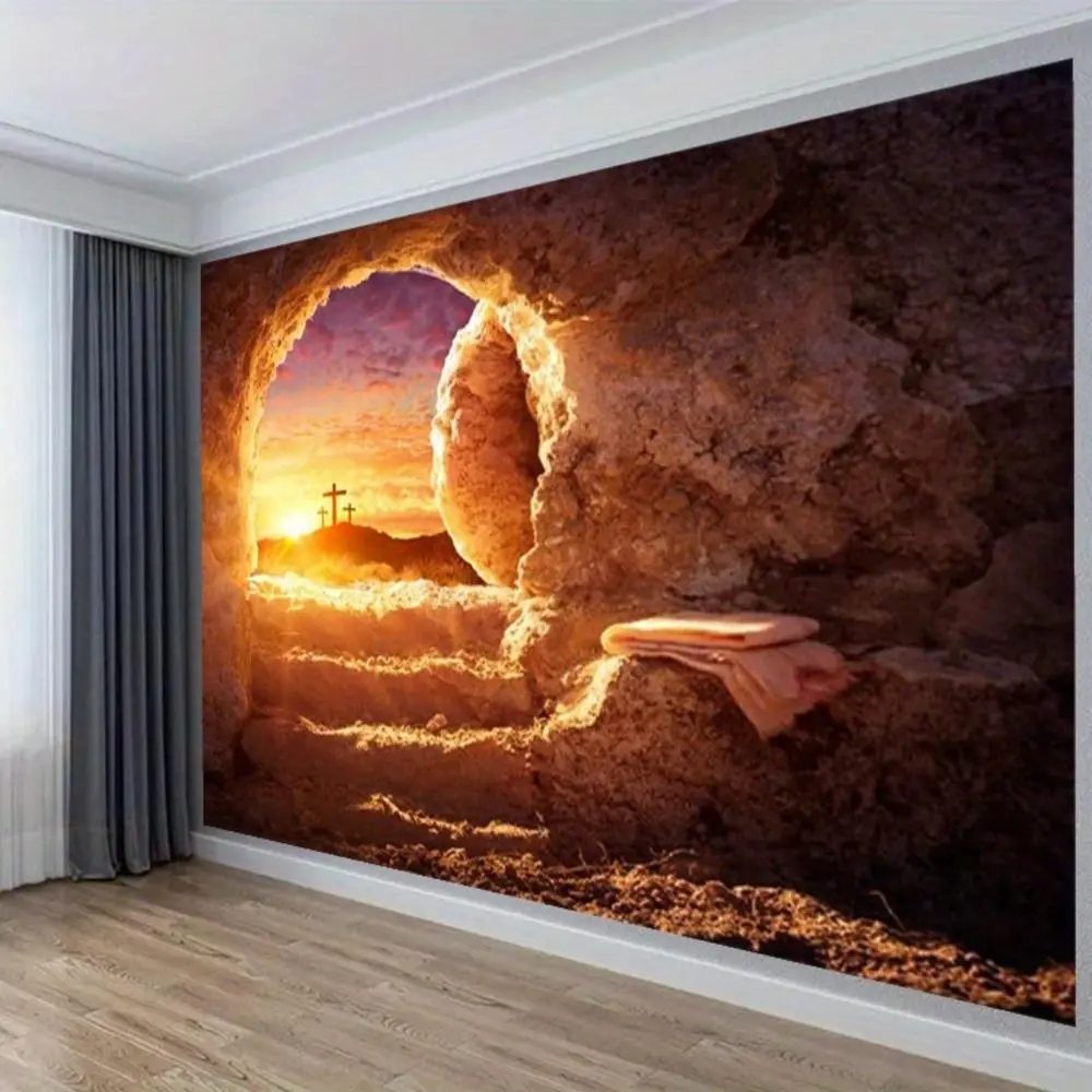 1PC Polyester 2D Flat Easter Jesus Empty Tomb Tapestry, Christian Cross Sunrise Wall Hanging, Reusable Decor Cloth for Bedroom, Photo Booth Backdrop for Birthday, Religious Home Supplies,summerwins
