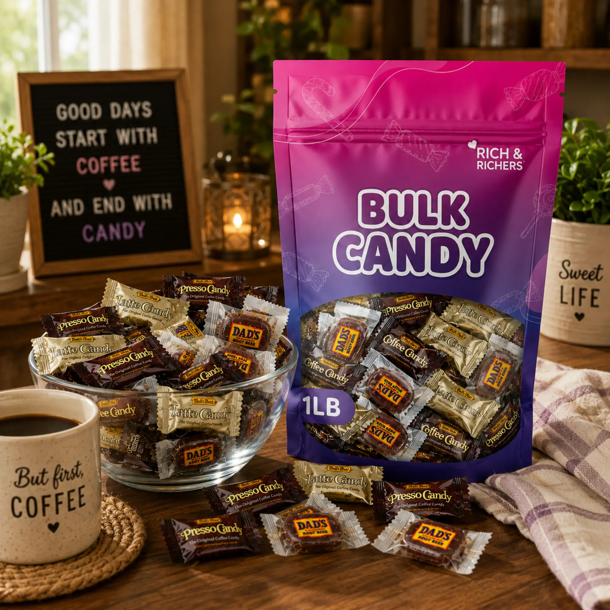 Rich & Richers Bali Coffee Candy & Root Beer Barrels Mix - 1lb Bulk Bag of Individually Wrapped Nostalgic Hard Candies, Office Breakroom Treats with Rich Espresso & Spiced Soda Flavors