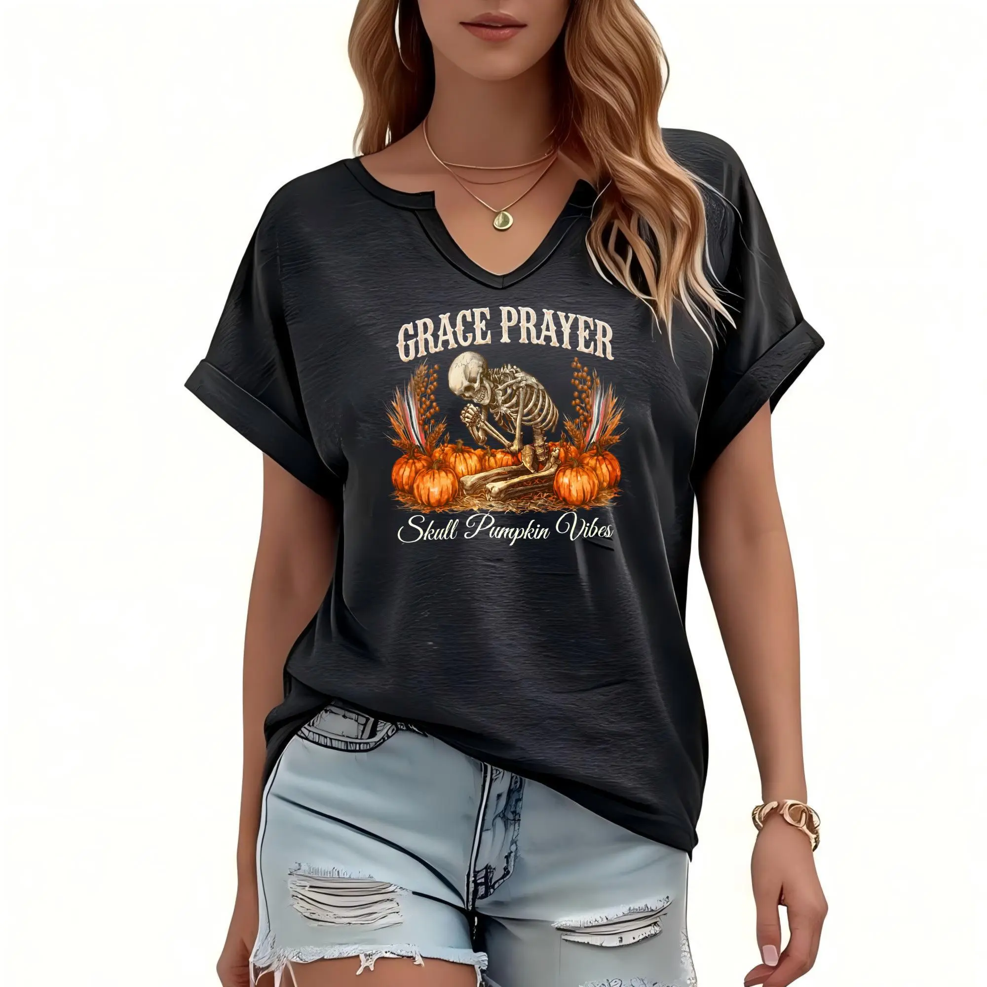 Women's T-shirt V Neck Graphic Tee Grace Prayer Skull Pumpkin Vibes Batwing Sleeve & Rolled Cuff Loose Fit Notch Neck Summer Top