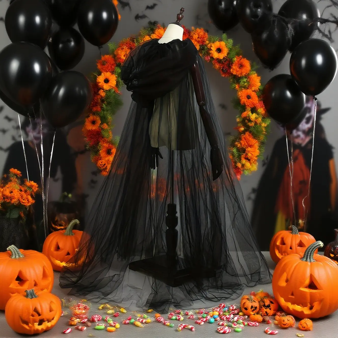 Black & White Bridal Shawl, Witch Vampire Cosplay Tulle Cape, Witchy Clothes, Halloween Double-Layer Cloak Spooky Party Costume Prop, Festival Outfit, Party Costume Accessory, Gothic Horror Game Dress-Up, Costumes With Accessories