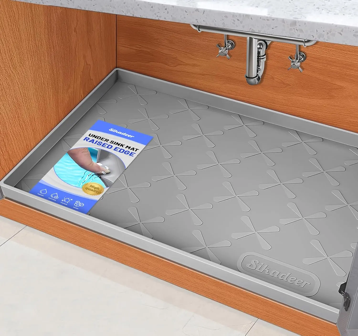 Under Sink Mat for Kitchen Cabinet, 34 x 22 Inch Waterproof Silicone Liner with Raised Edge, Easy-Clean Leak Protection