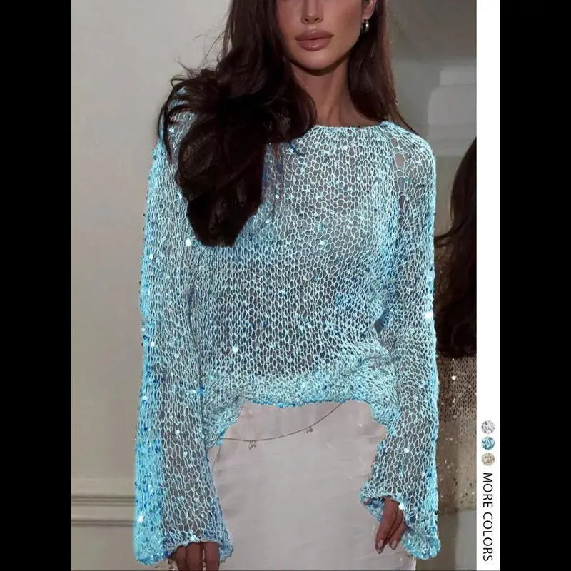 Shimmering Sequin Knit Sweater for Women, Fitted Pullover Top with a Round Neck and Micro-Flare Long Sleeves, Knitwear, Tops, Longsleeves, Clothes