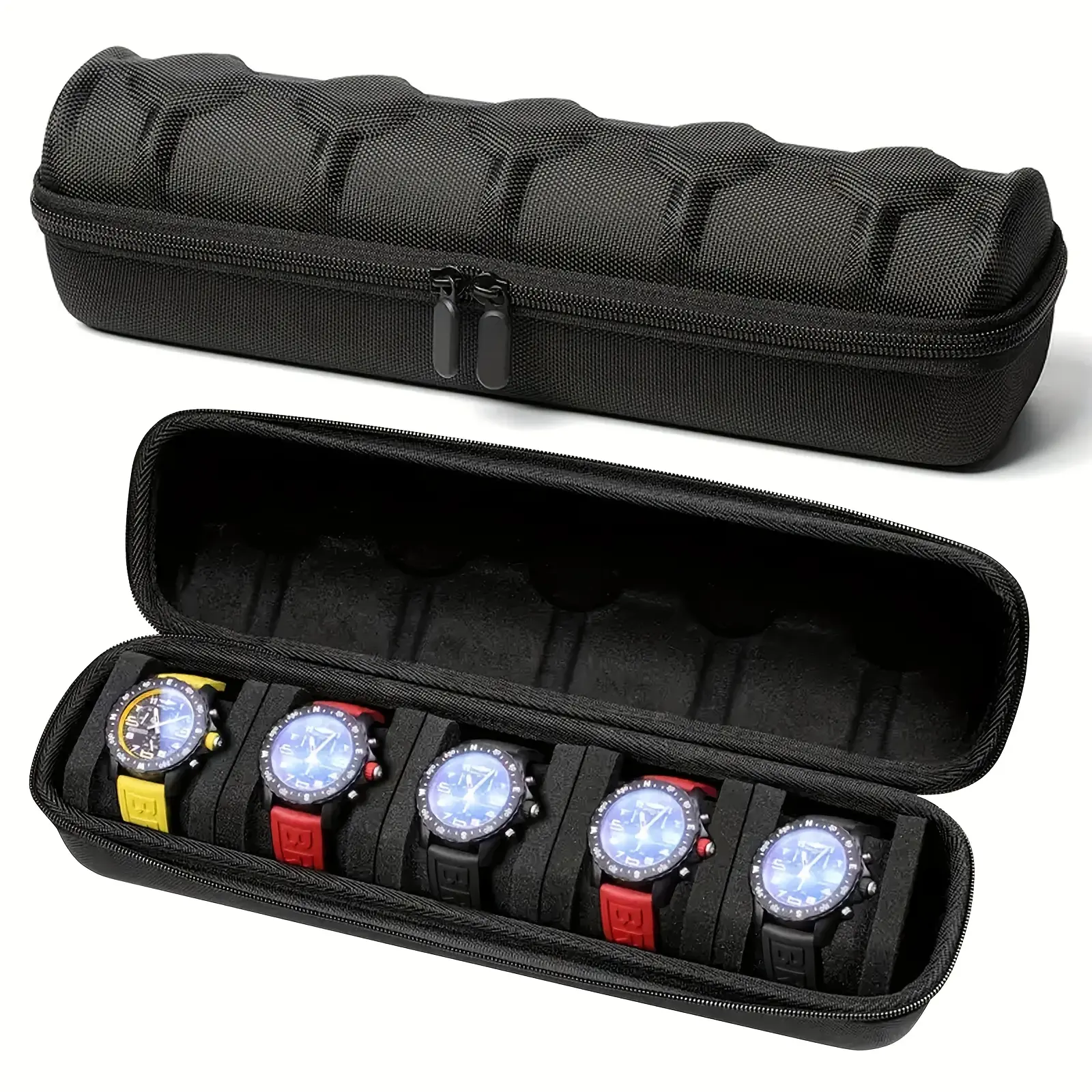 5-slot travel watch case, hard-shell watch box, unisex, with soft foam padding and handle