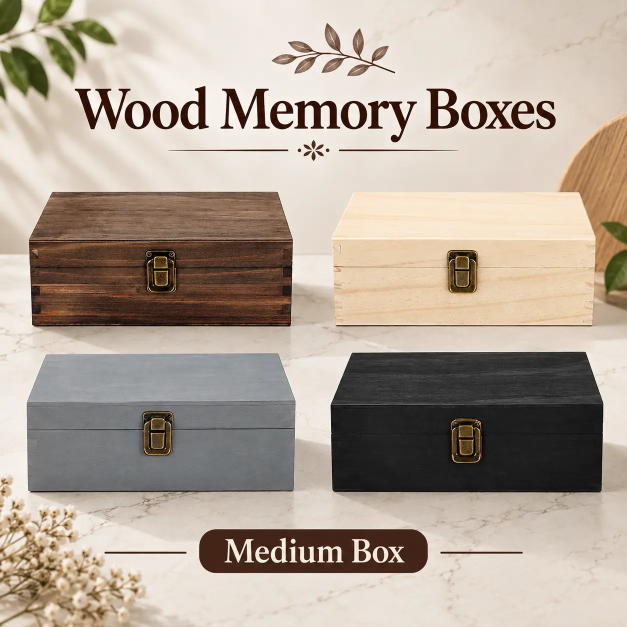 MakerFlo Medium Wood Memory Box, Pine Wood Keepsake Box with Black Felt Lining, Case of 24