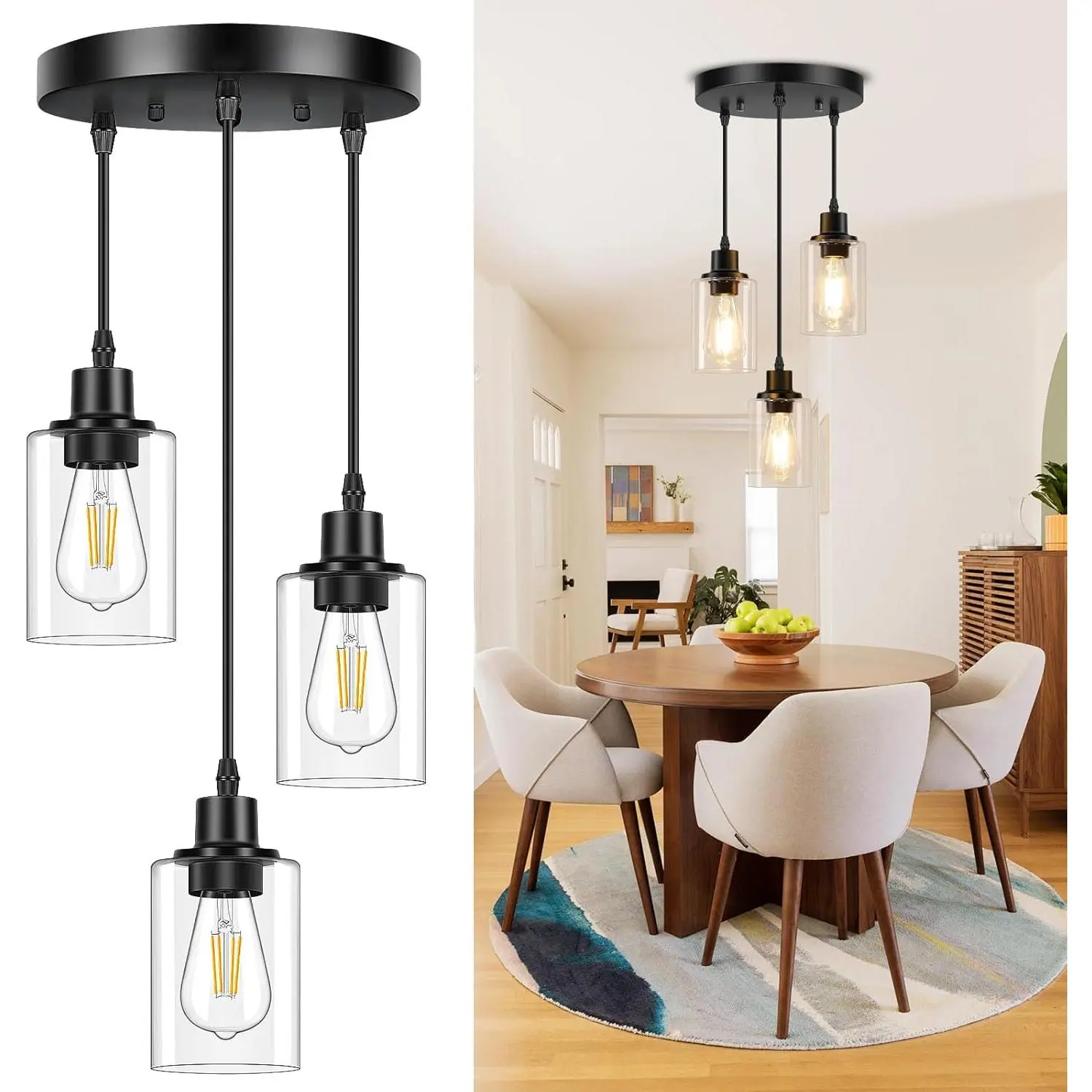 3-Light Pendant Light Fixtures, Black Pendant Lights Kitchen , Adjustable Pendant Lighting with Clear Glass Shade, Modern Hanging Light Fixtures for Dining Room, Hallway, Living Room