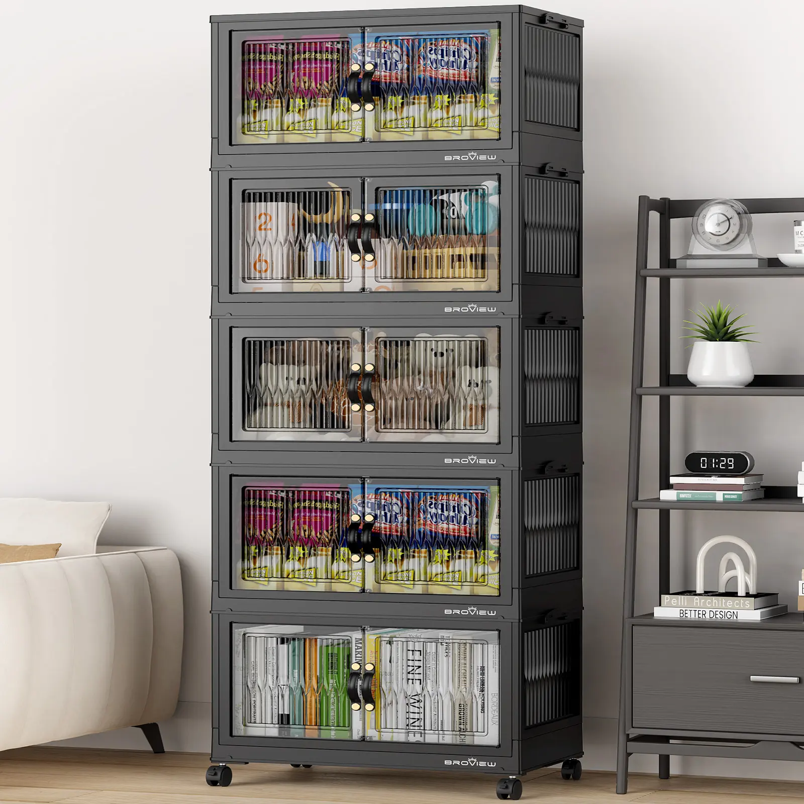 Broview V8 240Qt/320Qt/400Qt Stackable Storage Bins with Lid, Each 80Qt Stackable Storage Bin with Lid,Extra Large Closet Organizer Collapsible Drawer Boxes with Wheels, Folding Plastic Cabinet Containers for Home Kitchen Room Organization