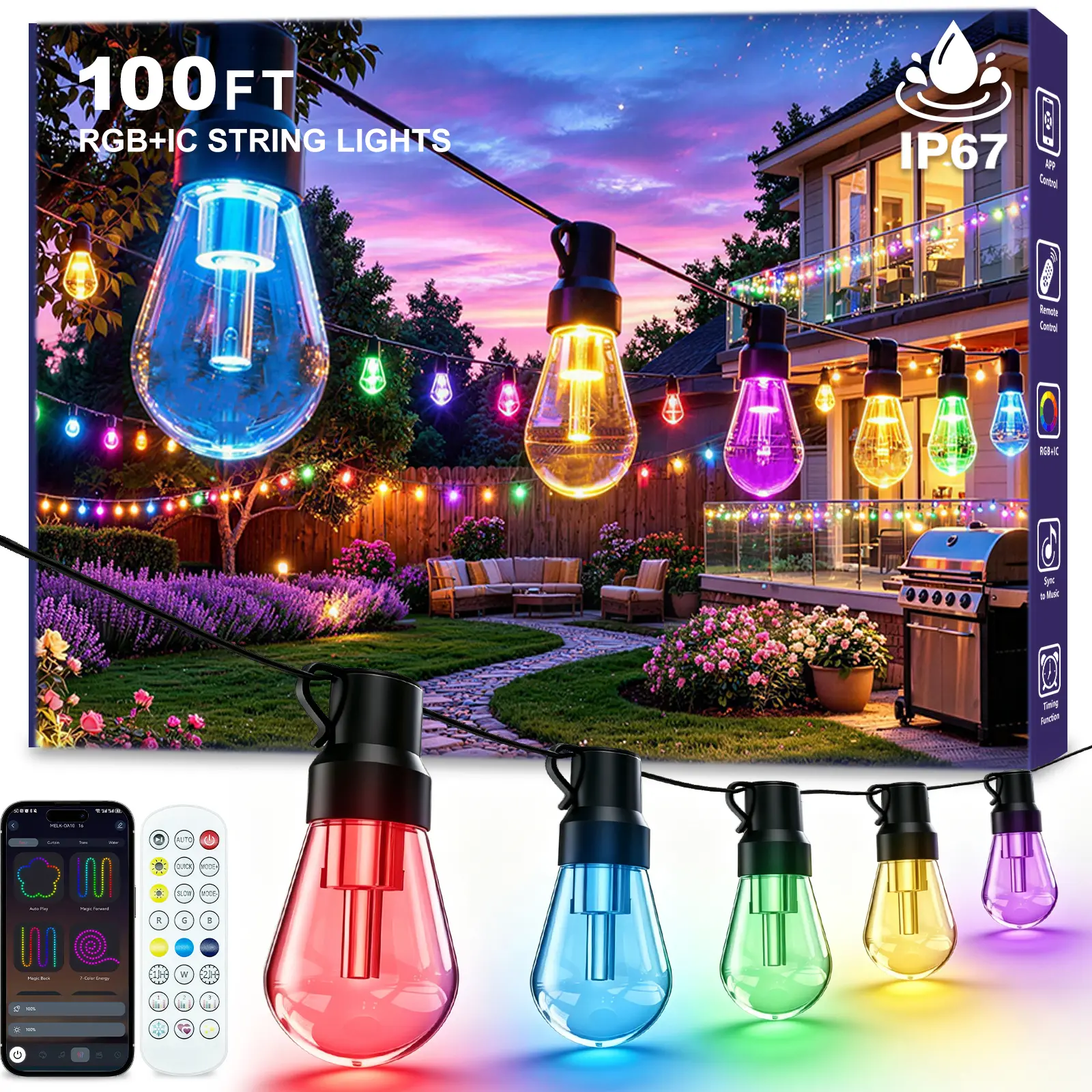 Smart RGB Outdoor String Lights, Color Changing Patio Lights with App Control, Waterproof Shatterproof Hanging Lights for Backyard Party & Summer Vibes
