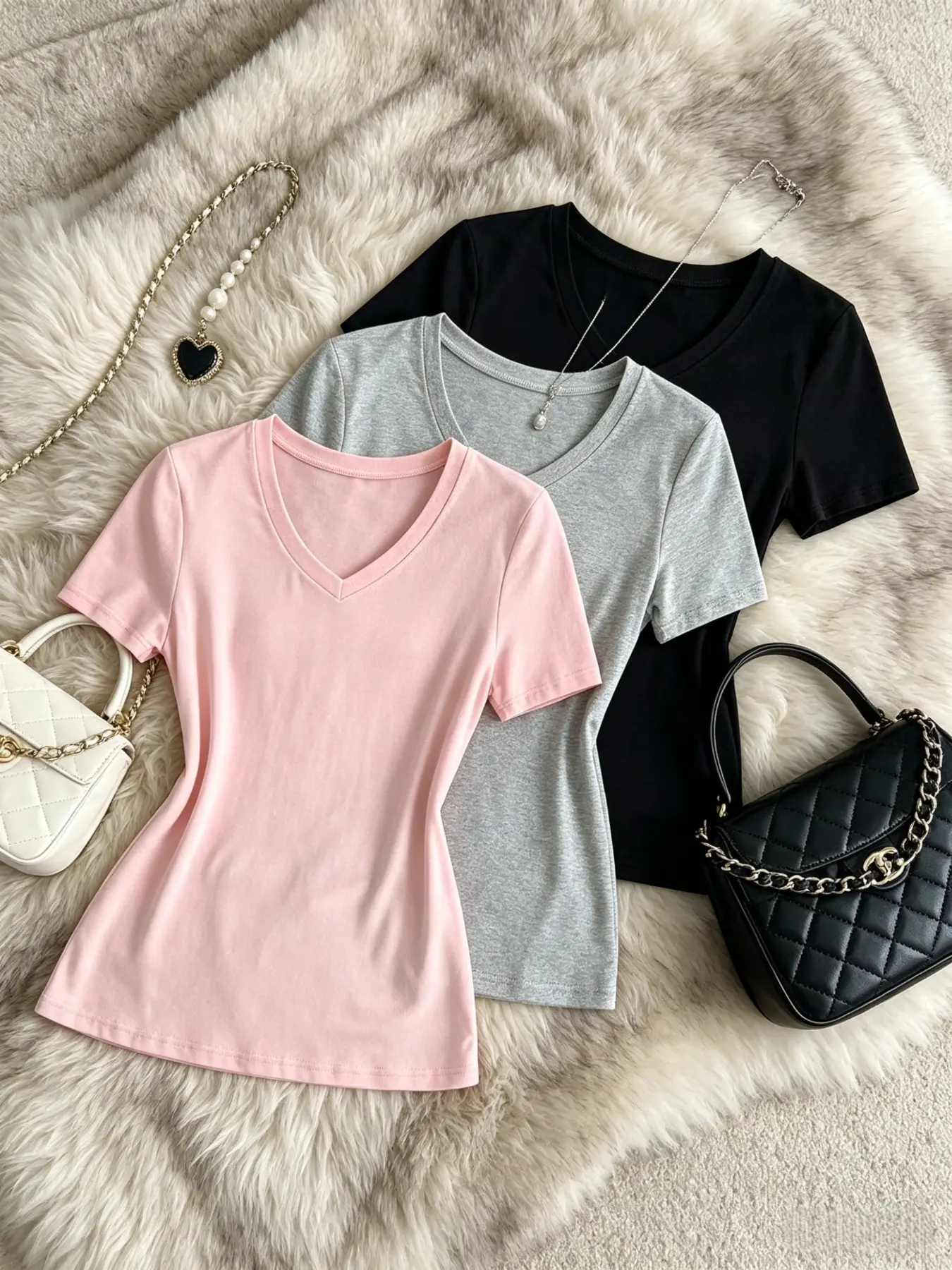 Korean Style Simple Basic Minimalist Solid Color V Neck Stretchy T-Shirt Top, Fitted Stretch Underwear, Daily Wear Versatile Three-Piece Set, Spring & Fall Fashion