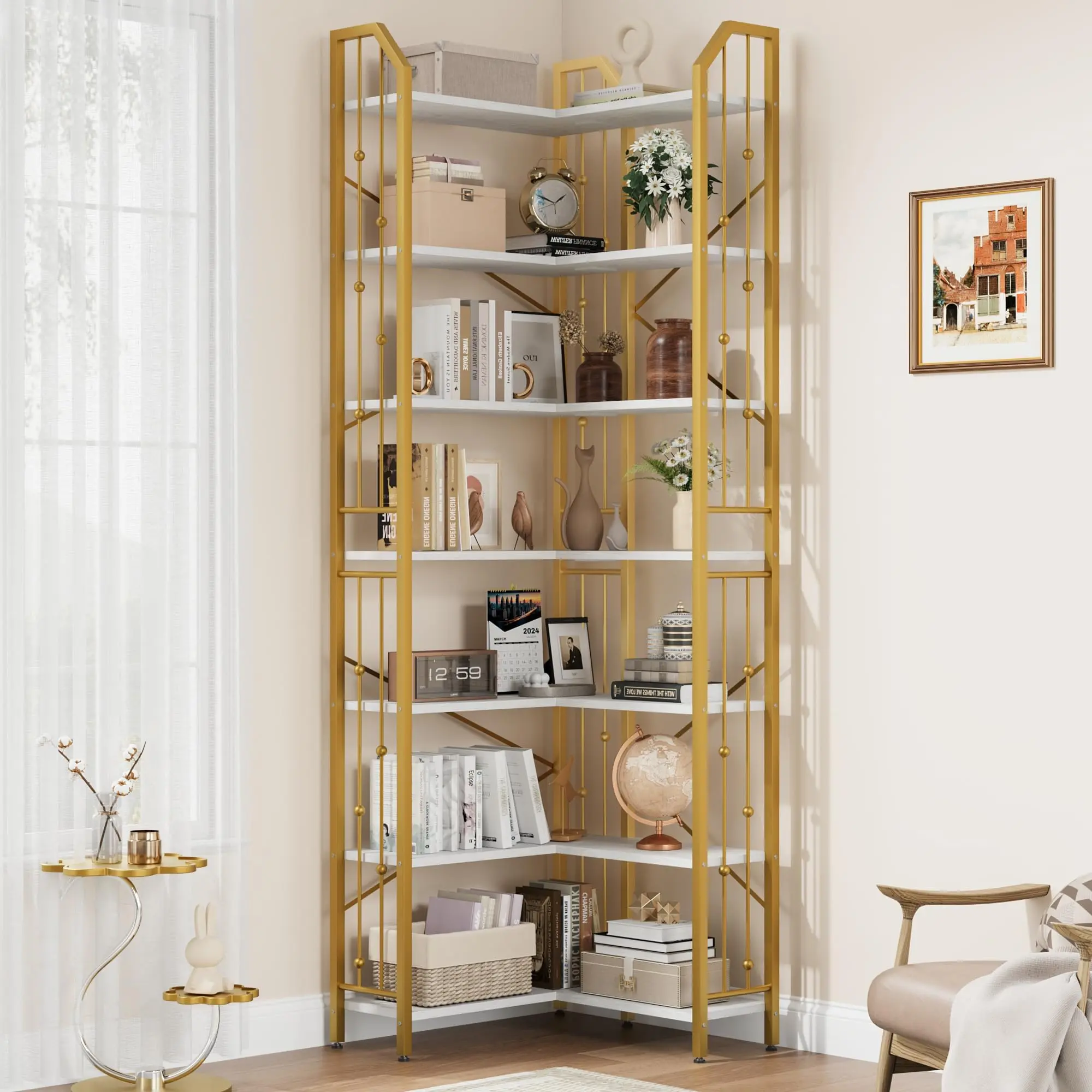 Garvee Sturdy L-Shaped Corner Shelf - Contemporary 5/7-Tier Adjustable Metal Frame Floor Mount Book Storage Organizer, 24x24x86 in, 52 lbs, Assembly Required for Living Room, Home Office, 24 X 24 X 86 Inches