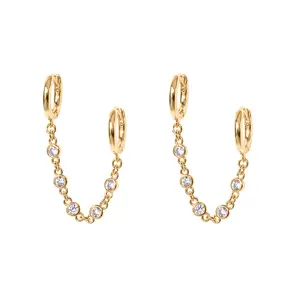 PAVOI 14K Gold Chain Earrings for Women | Double Piercing Dangle Chain Huggie Hoop Earrings | Cubic Zirconia Station Stud Ear Cuff Earrings for Women