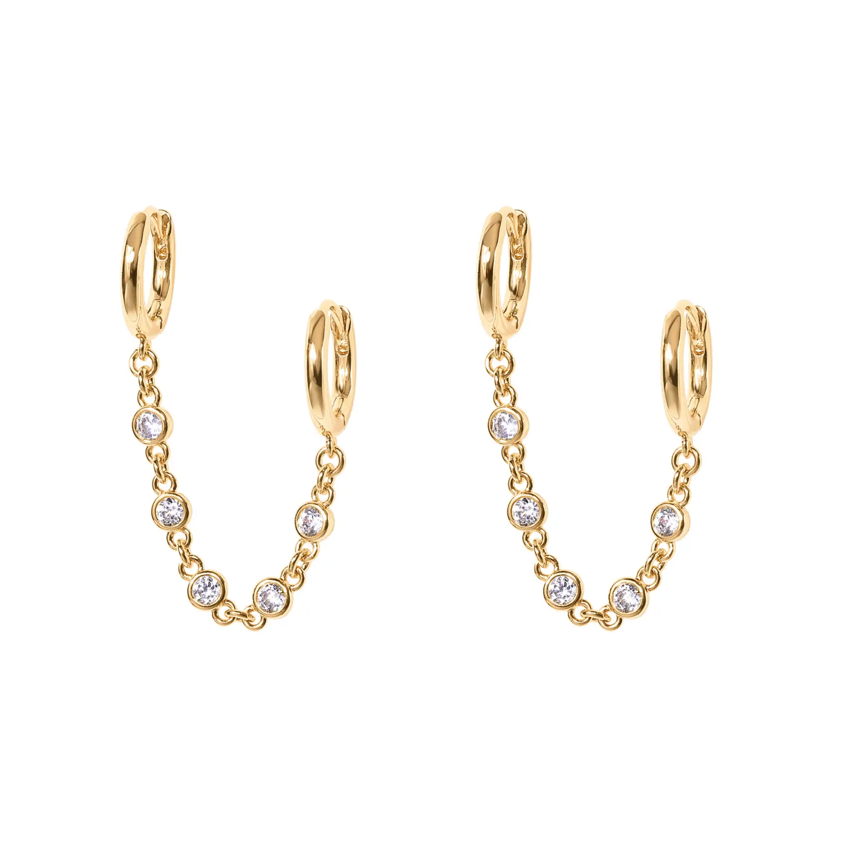 PAVOI 14K Gold Chain Earrings for Women | Double Piercing Dangle Chain Huggie Hoop Earrings | Cubic Zirconia Station Stud Ear Cuff Earrings for Women