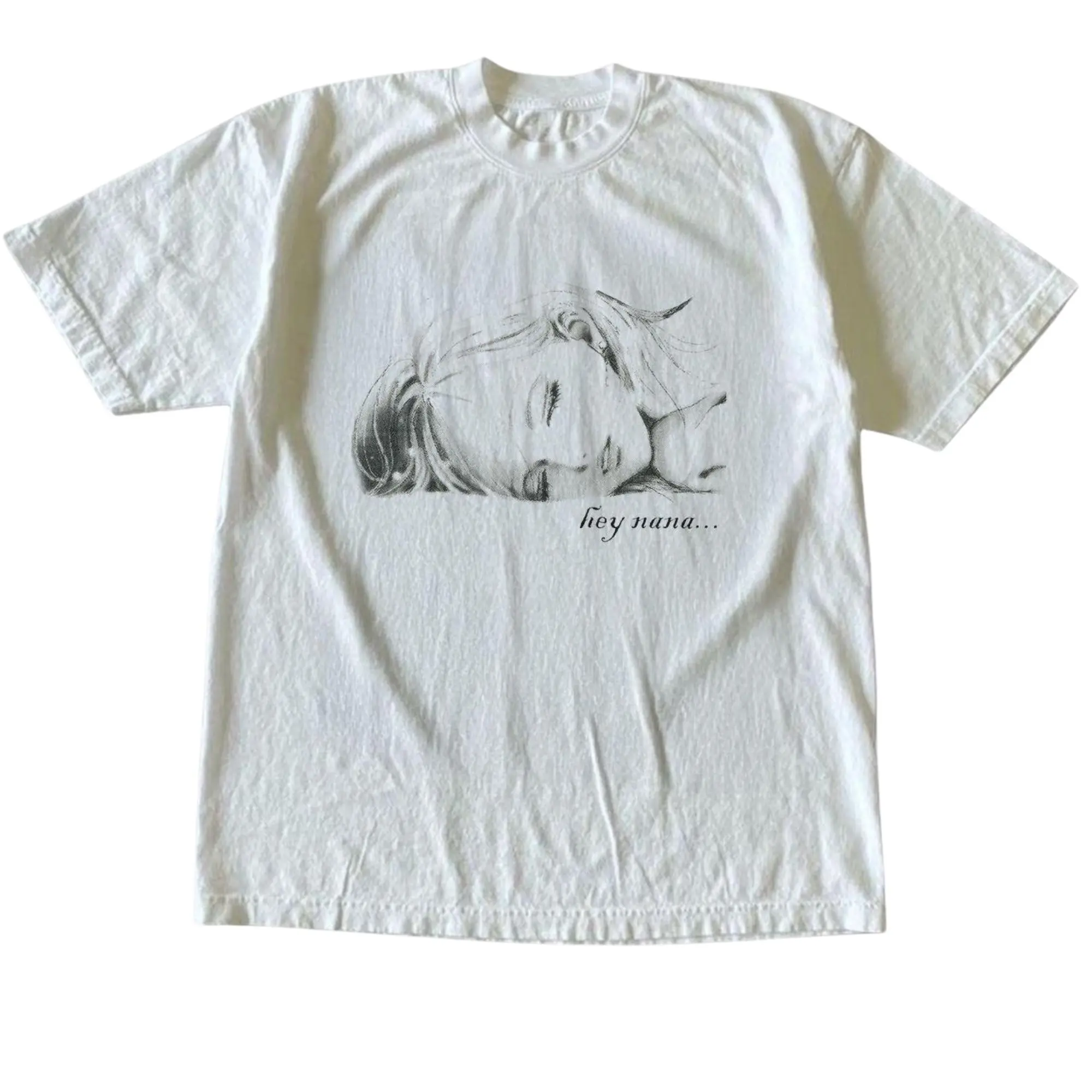 Anime Girl Hey Nana Cursive Quote Graphic T-Shirt, Aesthetic Vintage Manga Portrait Fine Line Sketch Art Print, Unisex White Heavyweight Streetwear Tee, Alt Otaku Fan Outfit