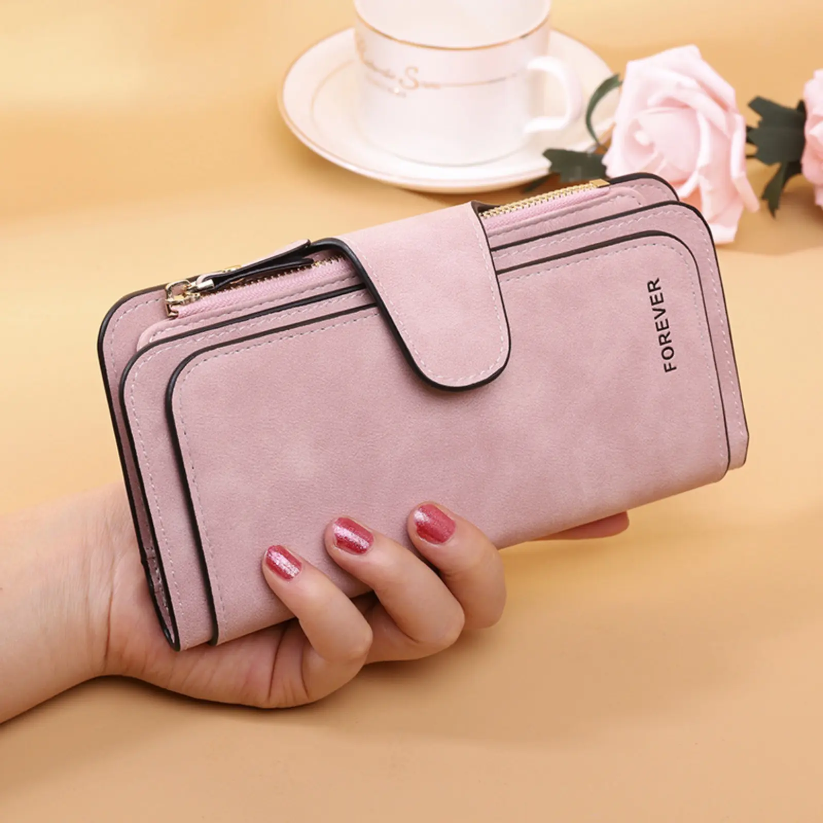 Women's Matte PU Leather 3-Fold Long Wallet - Compartmentalized, Cute, Multi-Purpose Leather Women's Wallet, Lightweight Slim Card Holder with Snap Closure, Zip, Large Capacity Elegant Clutch Purse for Daily Commute, Shopping, Compartmentalized Women's Wa