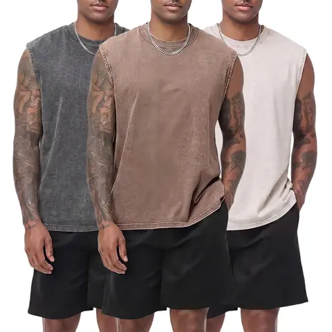 Men's 3-Pack Vintage Textured Pure Cotton Sleeveless Activewear Tank Tops - Crew Neck, Wide Shoulders, Distressed Wash, Foldable, Menswear Streetwear Tshirt for Sports, Leisure