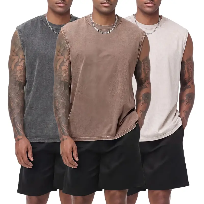 3-pack vintage textured pure cotton sleeveless T-shirts with a distressed wash; crew neck, wide shoulders; casual athletic base layer tank tops for sports, leisure, fitness, running, and basketball.