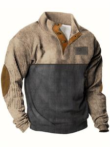 men's colorblock patched button front half placket pullover, regular fit casual long sleeve collared sweatshirt for spring & fall, fashion men's top for daily wear