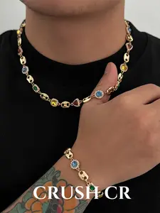 CRUSH CR Multicolor Crystal Mariner Chain Necklace & Bracelet Set for Men & Women, Rainbow Gemstone Statement Jewelry, Tarnish Resistant, Perfect for Everyday Wear, Parties, Streetwear and Casual Styling