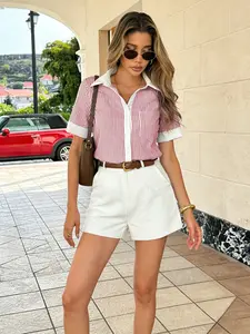 French Aesthetic Blue-White Contrast Stripe Cropped Shirt Baddie Street Style Contrast Trim Stripe Cropped Shirt Y2K Retro Sweet-Cool Blue-White Contrast Stripe Shirt