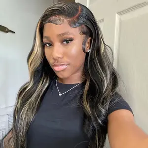 #27 Blonde Highlights Body Wave Human Hair Wigs 13x6 Lace Front Human Hair Wigs for Women Highlights #27 and Natural Black Colored 180 Density